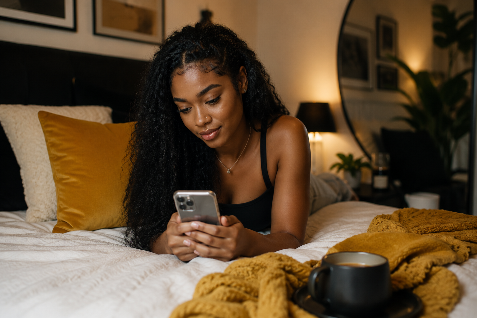 Woman reading reviews on her phone